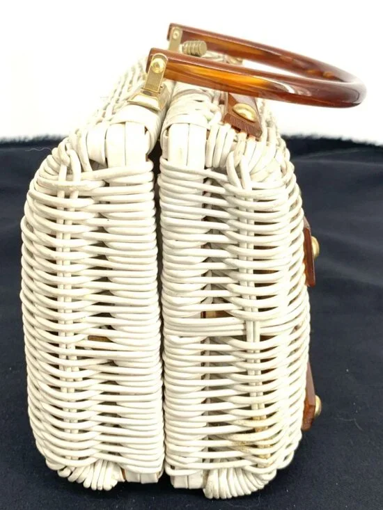 Vintage Purse Nylon Wicker Woven Lucite Handbag British Hong Kong 9" Wide - Picture 4 of 11